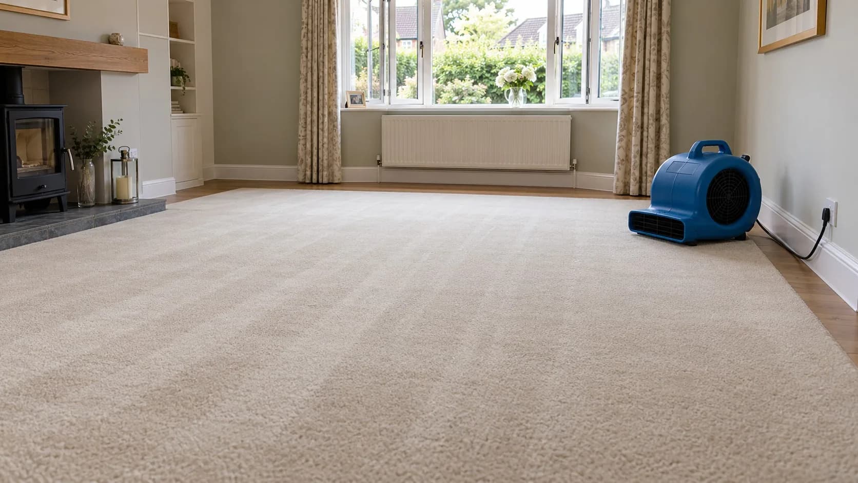 Clean cream carpet after professional steam cleaning with blue air mover drying fan