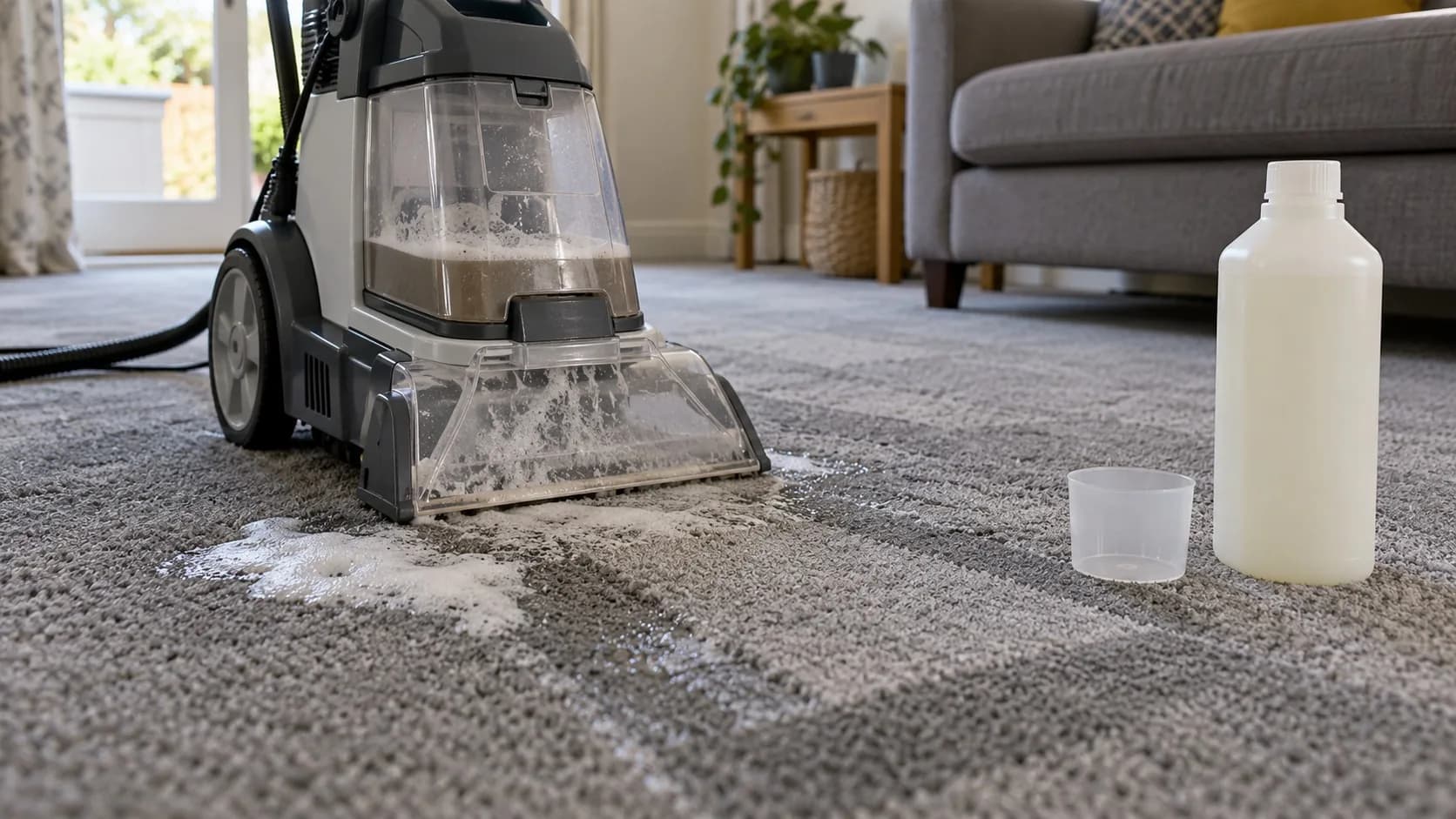 Carpet cleaning machine head showing foam and residue being extracted from carpet fibres