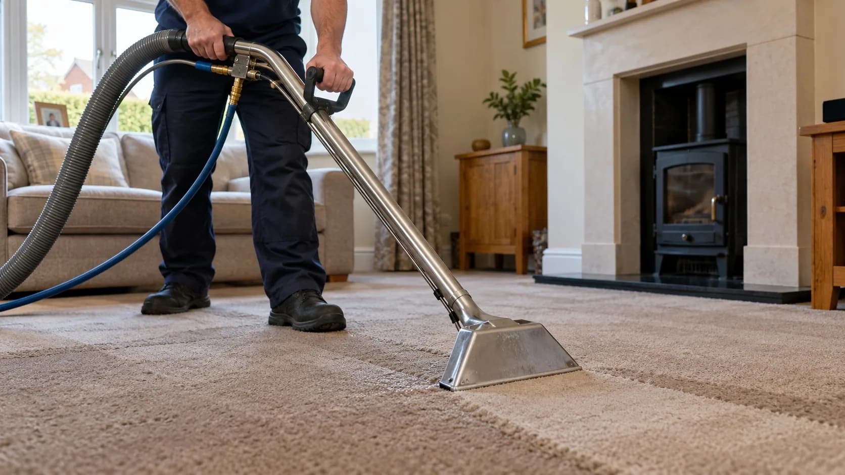 Professional carpet cleaning technician using an extraction wand on a light-coloured carpet