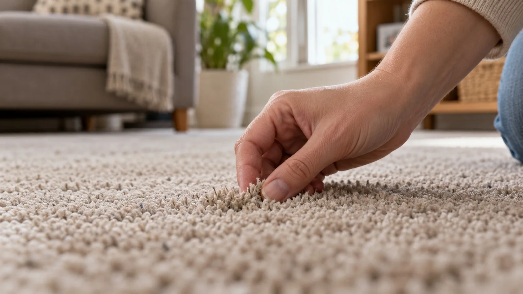 Close-up of a hand touching beige carpet fibres to check texture and stickiness